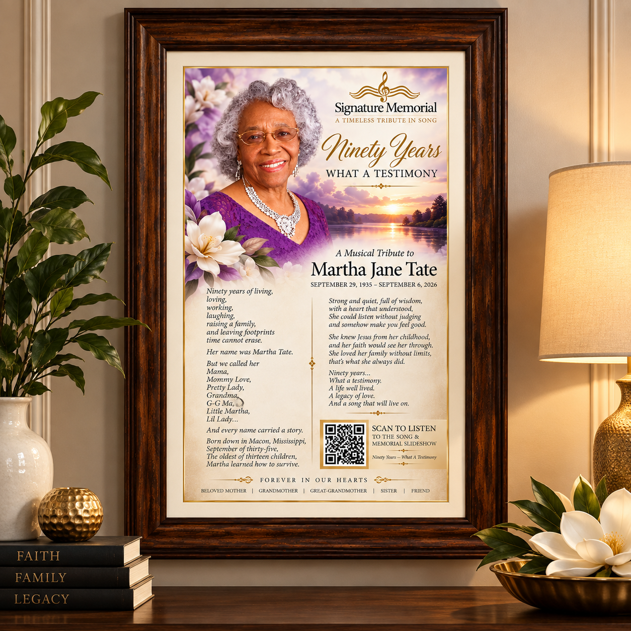 Framed 11x17 Signature Lyric Print on decorative table