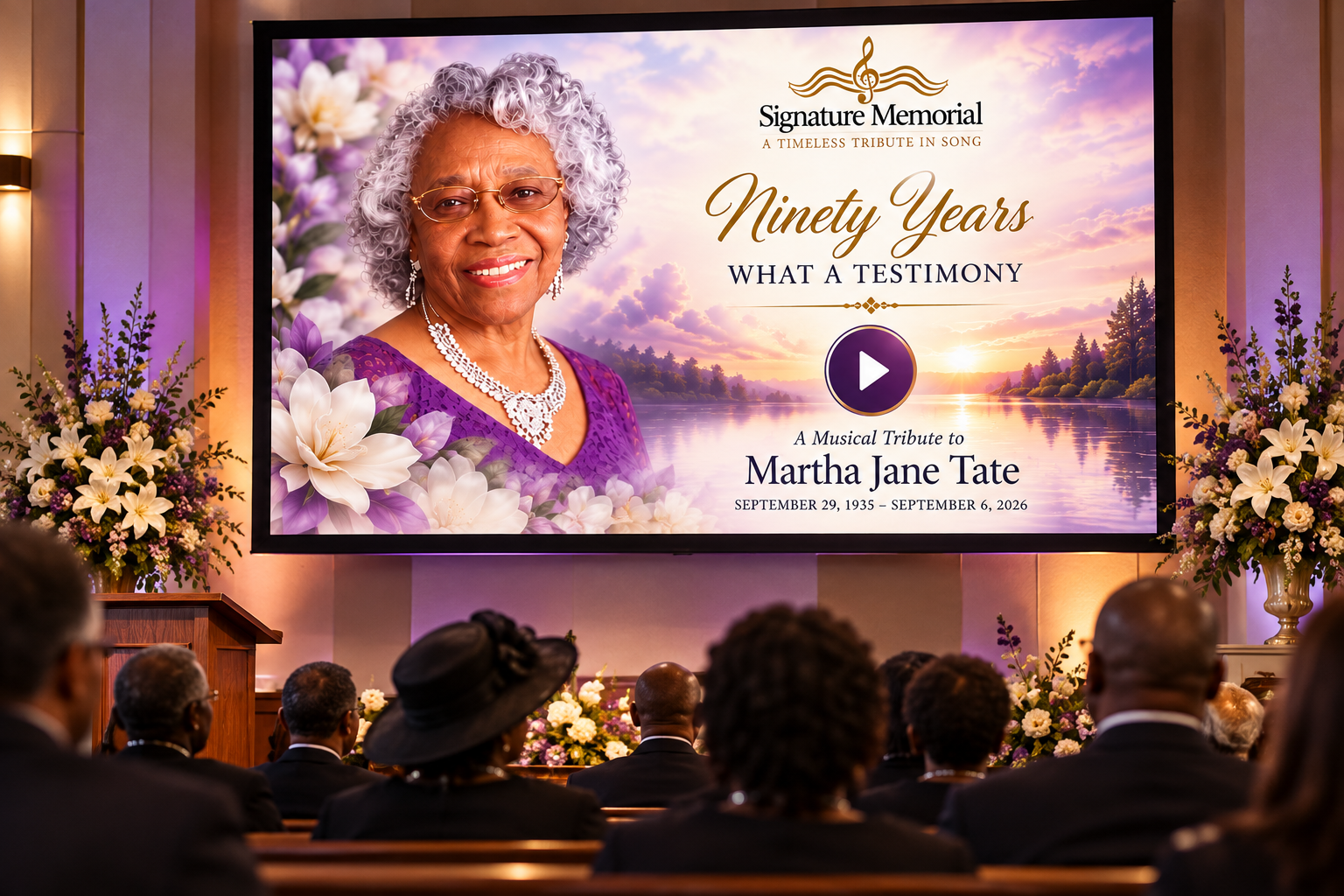 Sanctuary chapel presentation screen showing Martha Jane Tate musical tribute
